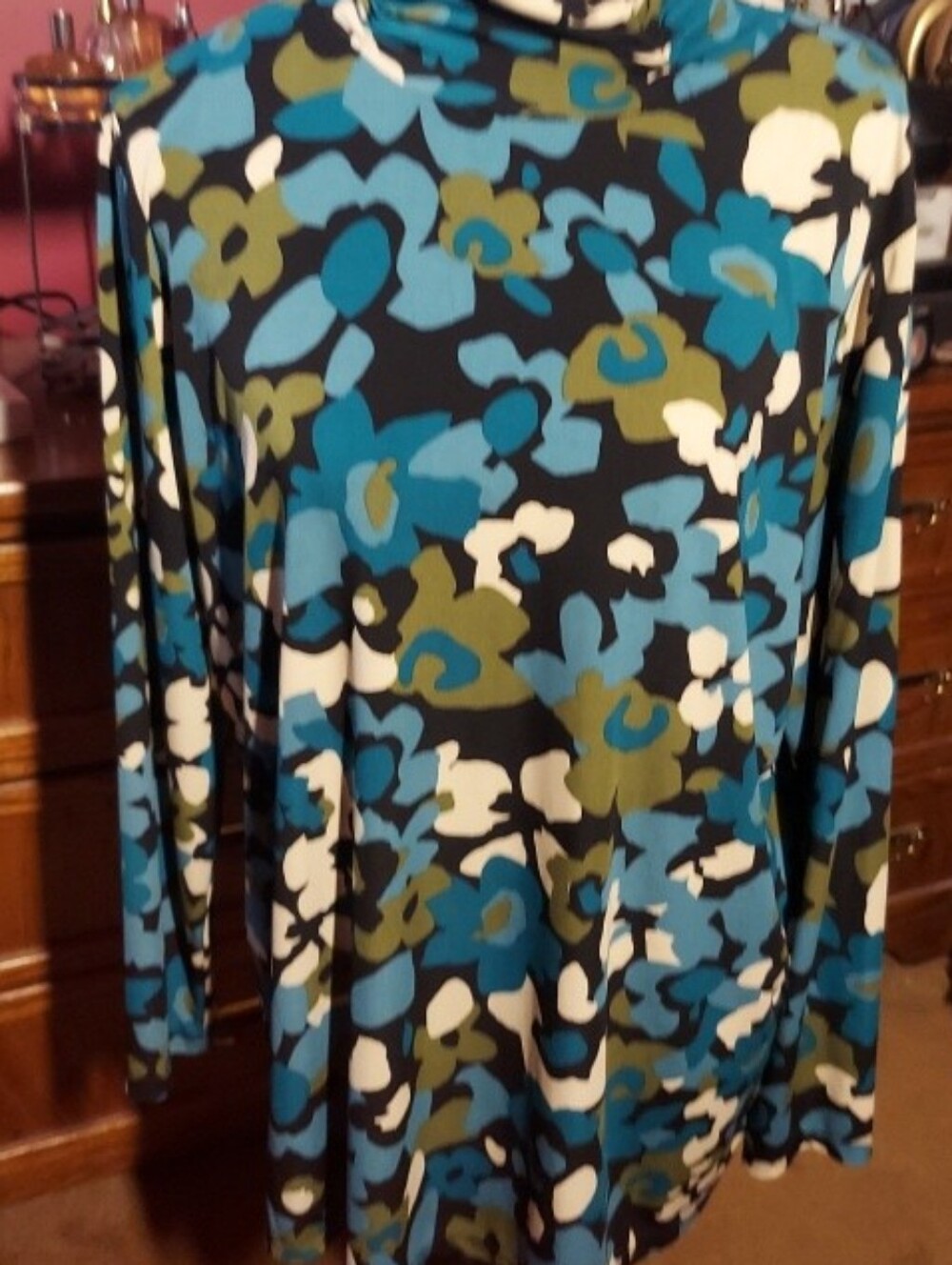 Susan Graver Teal Blue Olive Floral Print Long Sleeve Top